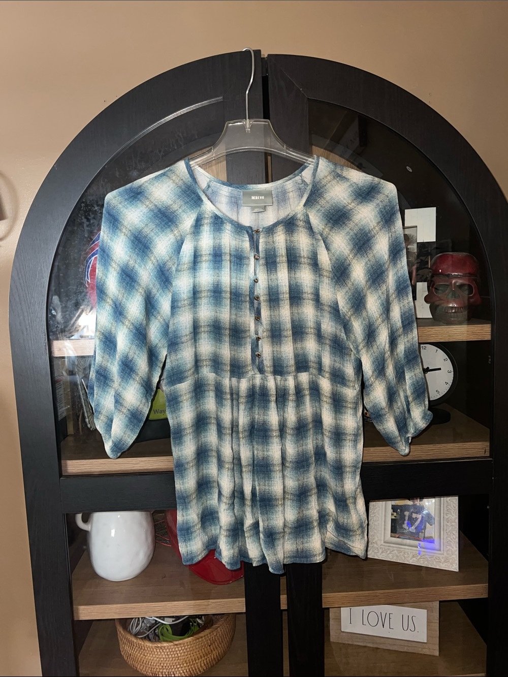 Maeve Anthropologie Blue and Cream Plaid Button-Front Blouse EUC S